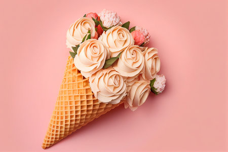 Waffle cone with flowers on a pink background. Flat lay. generative aiの素材