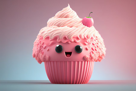 Funny cupcake with face, 3d render, pink background generative aiの素材