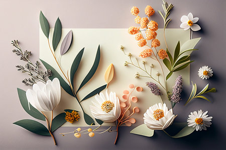 Creative layout made of flowers and leaves on grey background. Flat lay. Nature concept. generative aiの素材
