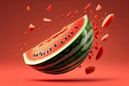 Watermelon with splashes on a red background. 3d rendering generative aiの素材