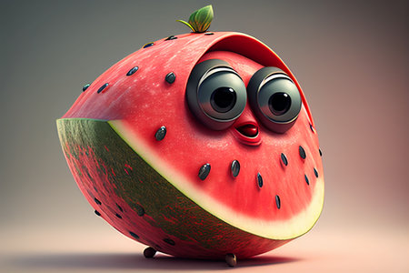Funny watermelon character with eyes and mouth, 3d illustration generative aiの素材