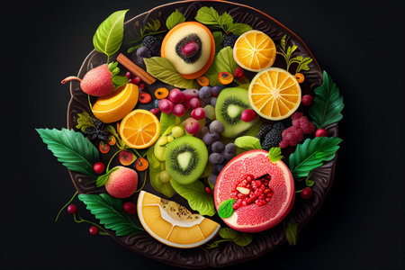 Creative layout made of fresh fruits and berries on black background. generative aiの素材