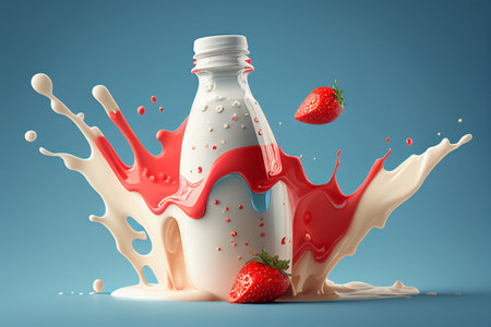 Milk splash with strawberry isolated on blue background. 3d illustration generative aiの素材