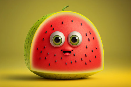 Funny watermelon character on a yellow background. 3d rendering generative aiの素材