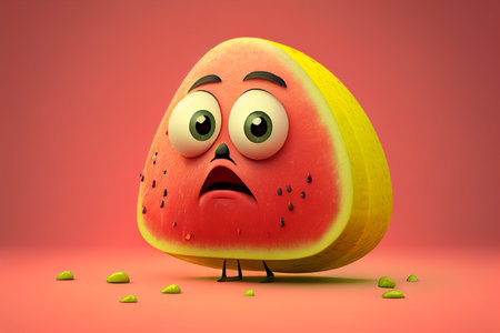 Funny watermelon character on red background. 3D illustration. generative aiの素材