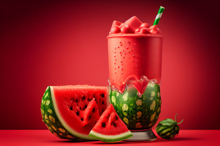 Glass of watermelon smoothie with watermelon slices on red background generative aiの素材