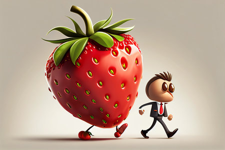 businessman walking with a big strawberry in his hand, 3d illustration generative aiの素材