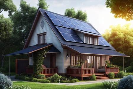 Modern house with solar panels installed on the roof. 3d rendering generative aiの素材