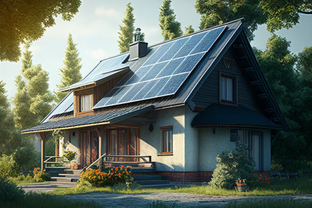 3d rendering of modern cozy chalet with solar panels. generative aiの素材
