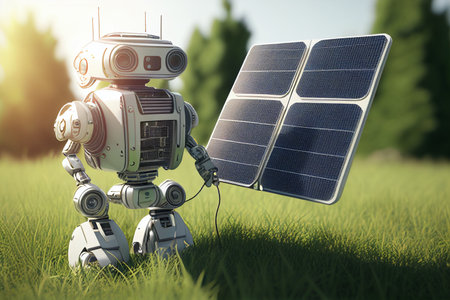 3d rendering robot with solar panel on green grass field background. generative aiの素材