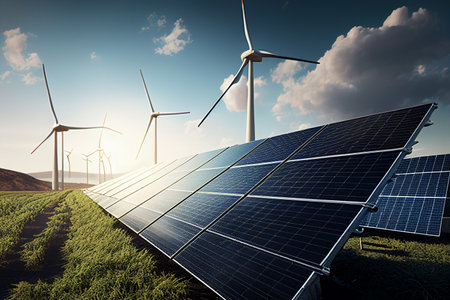 Solar panels and wind turbines, alternative energy source. 3D rendering generative aiの素材