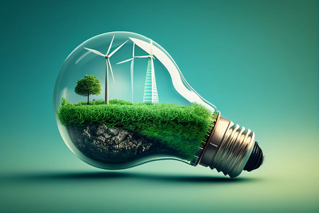 Eco energy concept with wind turbine inside light bulb on green background generative aiの素材