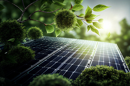 Solar panel and green leaves. Alternative energy concept. 3D Rendering generative aiの素材