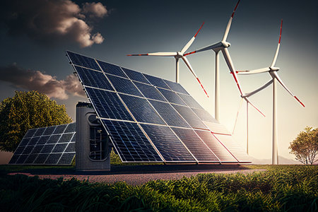 Solar panels and wind turbines in the countryside. 3D rendering. generative aiの素材