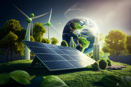 Ecology concept with solar panels and wind turbines. 3D rendering generative aiの素材