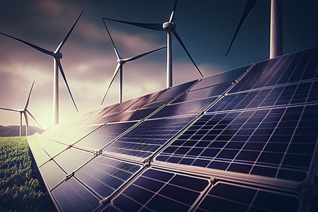 Solar panels and wind turbines. Alternative energy source. 3D Rendering generative aiの素材