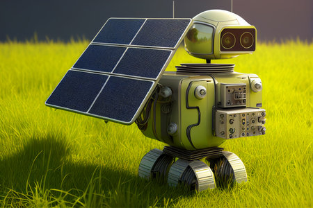 robot with solar panel on green grass background. 3d illustration generative aiの素材