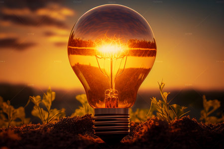 Incandescent light bulb on nature background. Energy and technology concept. generative aiの素材