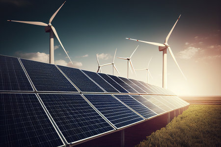 Solar panels and wind turbines. Alternative energy concept. 3D Rendering generative aiの素材