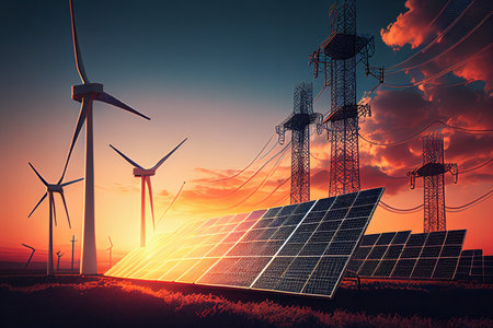 Solar panels and wind turbines. Renewable energy concept. 3D Rendering generative aiの素材