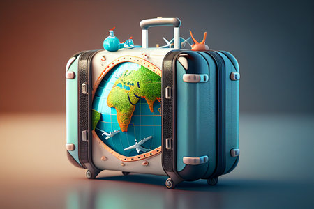 Suitcase with a world map on a blue background. 3d rendering generative aiの素材