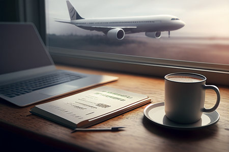 Coffee cup, laptop and notebook on wooden table. Travel concept generative aiの素材