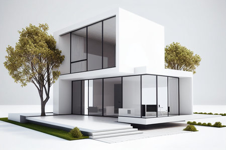 3d rendering, modern white office building in the garden with tree generative aiの素材