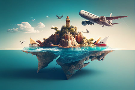 Airplane and island in the ocean. Travel concept. 3D Rendering generative aiの素材