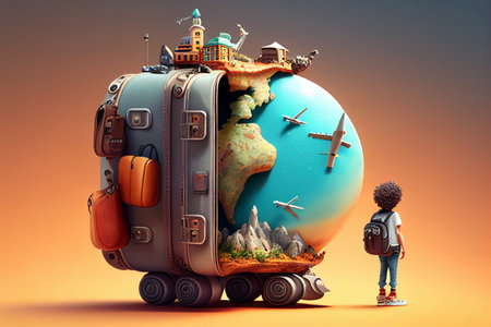 3d illustration of a boy with a backpack and a suitcase on a background of the earth generative aiの素材