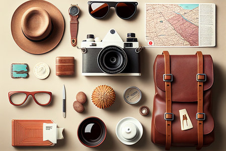 Vintage travel background with camera, sunglasses, hat, map and other items generative aiの素材