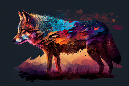 Illustration of a wolf in a polygonal style on a dark background generative aiの素材