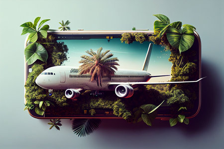 Airplane flying over tropical island with palm trees. 3d rendering generative aiの素材