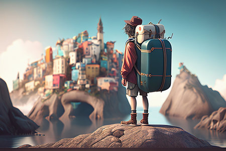 Traveler with backpack on the edge of the cliff. 3d rendering generative aiの素材