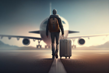 Traveler with a suitcase walking on the runway. 3D rendering generative aiの素材