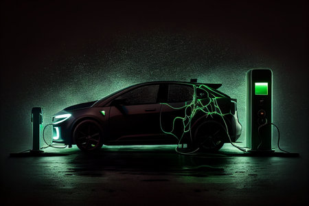 Electric car being charged at a charging station. Electric vehicle charging station on dark toned foggy background generative aiの素材