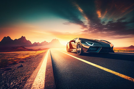 3d render of a sports car on the road at sunset. generative aiの素材
