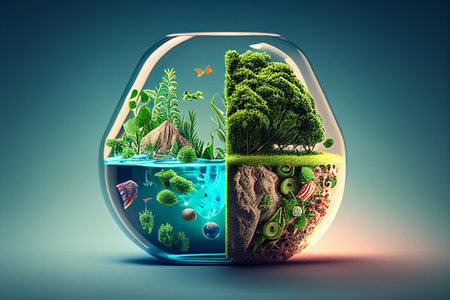 Tropical island in a round glass aquarium. 3d rendering generative aiの素材