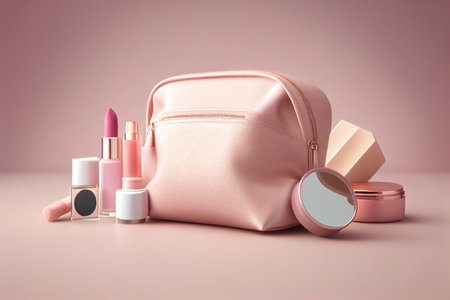 Cosmetic bag and cosmetics on pink background. 3d rendering. generative aiの素材