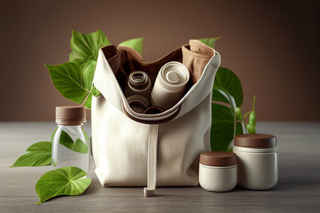 Zero waste concept. Eco friendly bags with cosmetic products and green leaves generative aiの素材