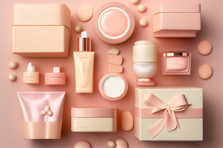 Cosmetics and gift boxes on pastel pink background, top view generative aiの素材