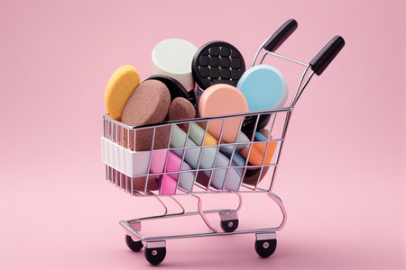 Shopping cart full of makeup products, isolated on pink background. generative aiの素材