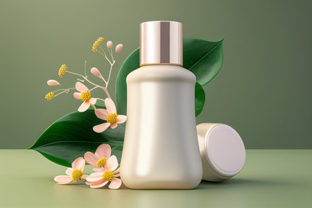 Cosmetic bottle mockup with green leaves and flowers. 3D rendering generative aiの素材