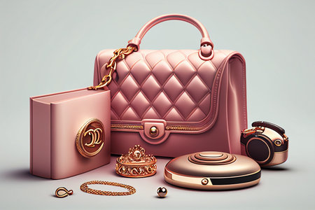 Luxury female bag and accessories on a gray background. 3d rendering generative aiの素材