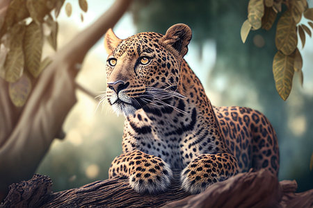 Leopard on a tree in the jungle. 3D illustration. generative aiの素材