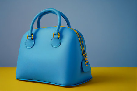 Blue handbag on a yellow and blue background. Studio shot. generative aiの素材