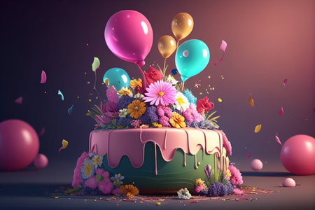 birthday cake with flowers and balloons, 3d render, toned image generative aiの素材