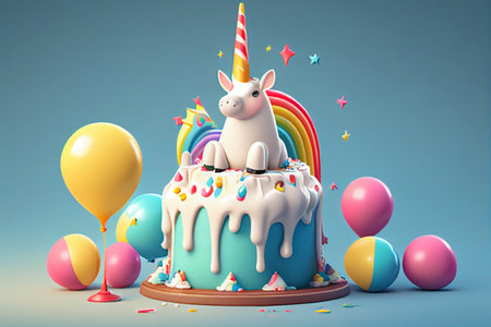 birthday cake with unicorn and balloons 3d render on blue background generative aiの素材