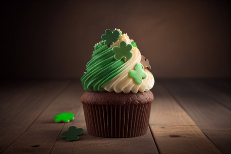 Cupcake with clover leaf for St. Patrick's Day on wooden background generative aiの素材