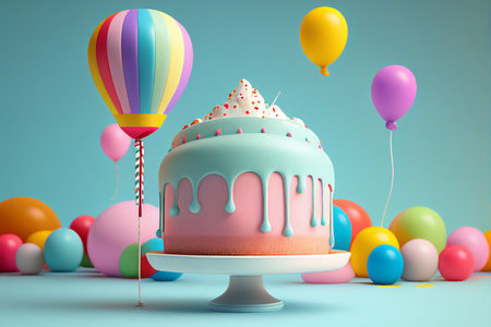 Birthday cake with colorful balloons on blue background. 3D rendering generative aiの素材