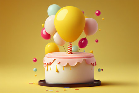 Birthday cake with balloons and confetti on yellow background. 3D rendering generative aiの素材